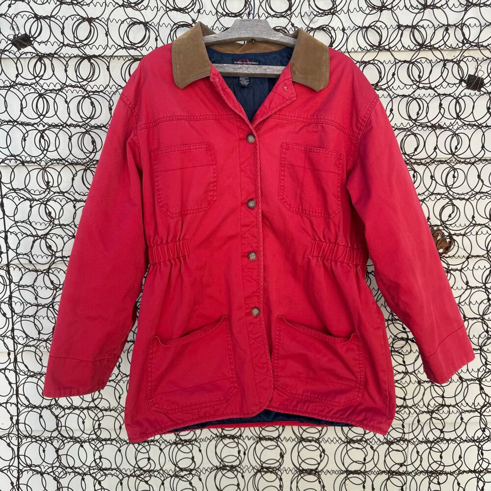 Vintage 90s Red Barn Coat Jacket Gloria Vanderbilt LARGE Faux Suede Collar LARGE